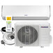 A white Pioneer Diamante Series wall mounted ductless mini split air conditioner with a remote control.