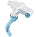 A silver Equip by T&amp;S wall mounted glass filler faucet with a blue handle.