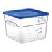 A clear square Vigor food storage container with a blue lid.