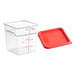 A clear plastic Vigor food storage container with a red lid.