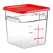 A clear square plastic container with a red lid.