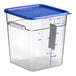 A Vigor 18 quart clear square polycarbonate food storage container with a blue lid.