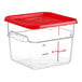 A clear plastic Vigor food storage container with a red lid.