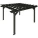 A black metal pergola with a faux wood frame.