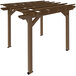 A weathered acorn faux wood pergola with two supports and a cross beam.