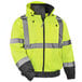 A lime yellow Ergodyne hi-vis bomber jacket with grey reflective stripes.