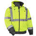 A lime yellow Ergodyne Class 3 hi-vis bomber jacket with grey reflective stripes.