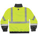 A yellow Ergodyne bomber jacket with grey reflective stripes.