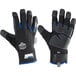 A pair of black thermal waterproof work gloves with blue and white trim and blue stitching.