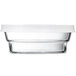 A clear glass Arcoroc container with a white lid.