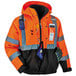 An orange and black Ergodyne GloWear Hi-Vis Bomber Jacket with a phone in the pocket.