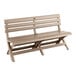 A Grosfillex French Taupe faux wood bench with two legs and a seat.