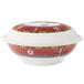 A white melamine bowl with a red and white Dynasty Longevity design on it.