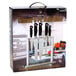 A box of Mercer Culinary Genesis 6-piece knife block set on a stand.