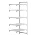 A white plastic shelf with four shelves.