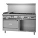 A large stainless steel Garland range with 8 burners, a griddle, and storage.