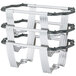 A stack of Vollrath metal chafer racks with black handles.