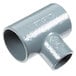 A grey pipe fitting with a hole.