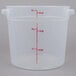 A translucent plastic Cambro food storage container with red measurements and text.