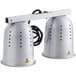 A pair of silver ServIt heat lamps with yellow wires on top.
