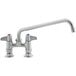 A silver Equip by T&S deck mounted faucet with 14 1/8" swing spout and lever handles.