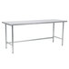 An Advance Tabco stainless steel work table with an open base and metal legs.