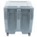 A grey plastic container with wheels and two handles.