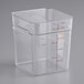 A square clear plastic Vigor food storage container with red writing.
