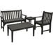 A black outdoor patio set with three black chairs and a black bench around a table.