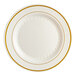 A white plate with a gold border.