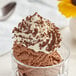 A glass cup of chocolate ice cream topped with JOY Chocolate Crunch cookie crumbs.