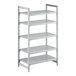 A white plastic Cambro Camshelving Premium shelving unit with 5 vented shelves.