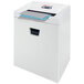 A white rectangular HSM Pure 420 strip-cut shredder with paper in the lid.