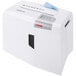 A white HSM ShredStar X8 paper shredder with blue paper on top.