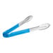 Choice 12" Blue Coated Handle Stainless Steel Scalloped Tongs with blue handles.