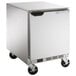 A stainless steel Beverage-Air undercounter freezer with wheels.