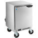 A silver Beverage-Air undercounter freezer with wheels.