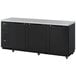 A black rectangular back bar cooler with four solid black doors.