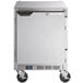 A stainless steel Beverage-Air undercounter freezer on wheels.
