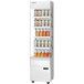 A white Turbo Air vertical open display case with 4 shelves of canned beverages.