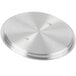 A silver circular aluminum lid with a circular pattern and a hole in the center.