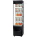 A black Turbo Air vertical open display case with shelves of canned beverages.