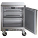 A silver Beverage-Air undercounter freezer with a door open.