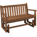 A POLYWOOD teak glider bench with arms and a backrest.