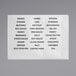 A white paper with black text and white labels with various names and ingredients.