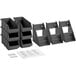 A set of black plastic bins with triangular tops in a black organizer.