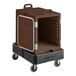 A brown plastic box on a black cart with wheels and a door.