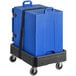 a blue container on a black cart