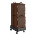 A brown CaterGator insulated pan carrier with a strap and dolly.