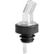 A clear plastic liquor pourer with a black collar.